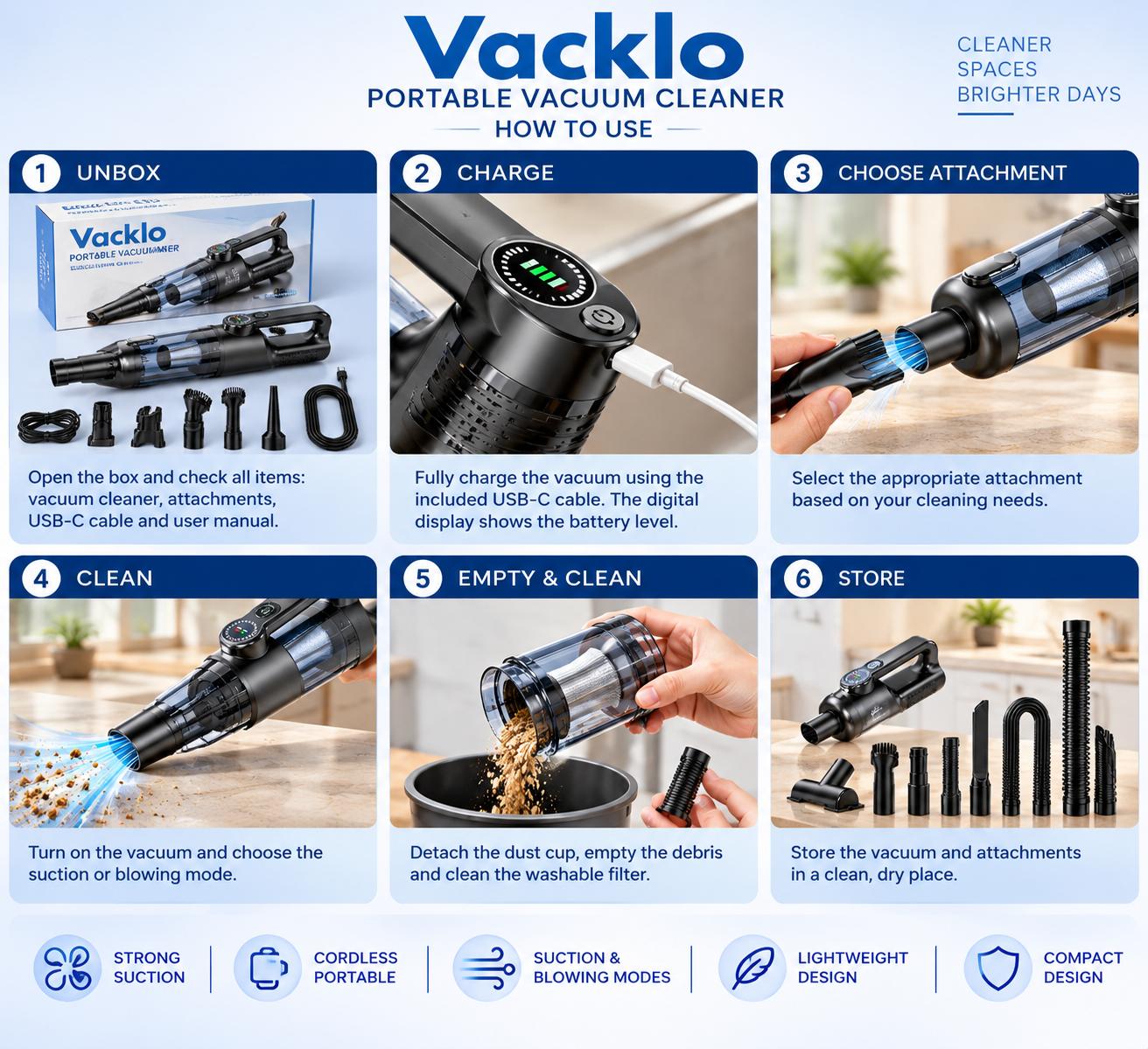 Vacklo Portable Vacuum Cleaner How to use